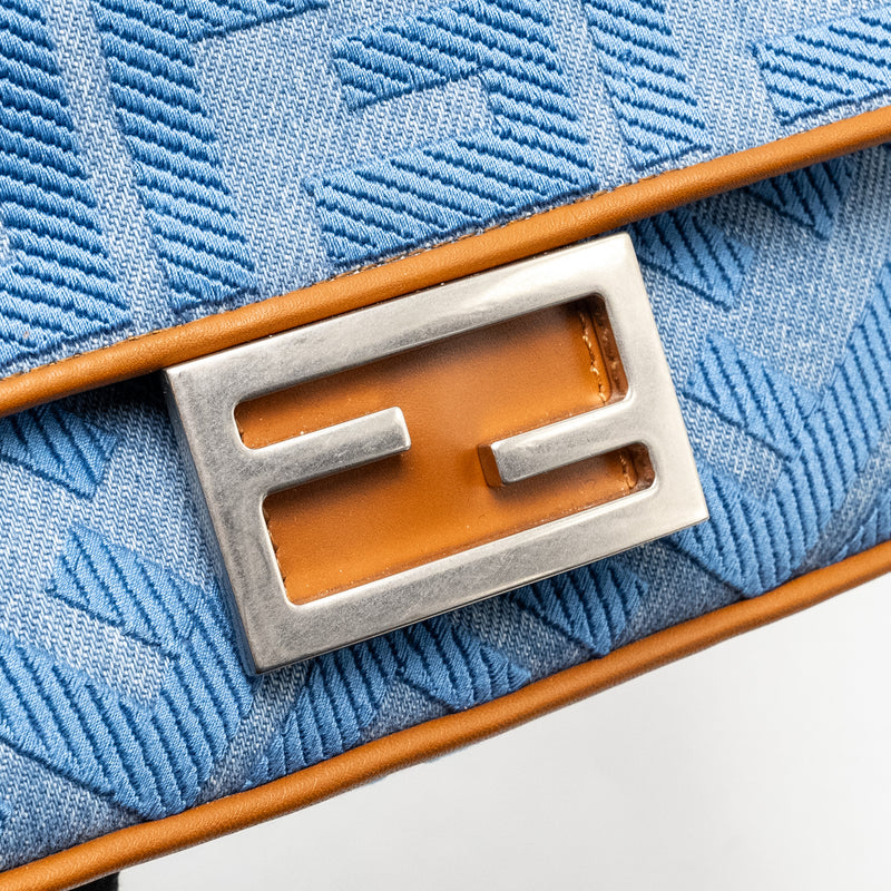 Fendi Mini Baguette Denim Light Blue FF Embroidery SHW
