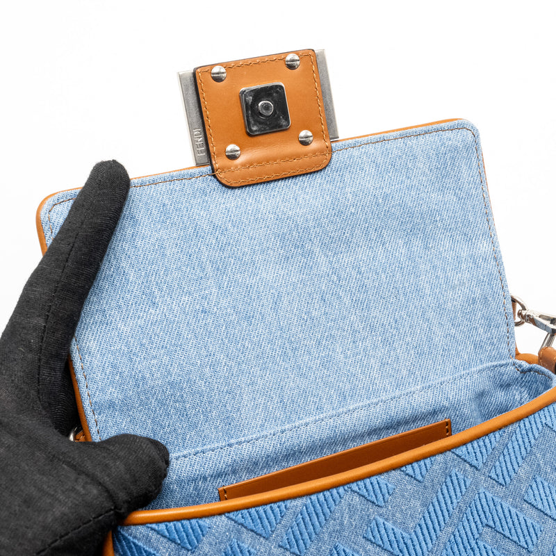 Fendi Mini Baguette Denim Light Blue FF Embroidery SHW