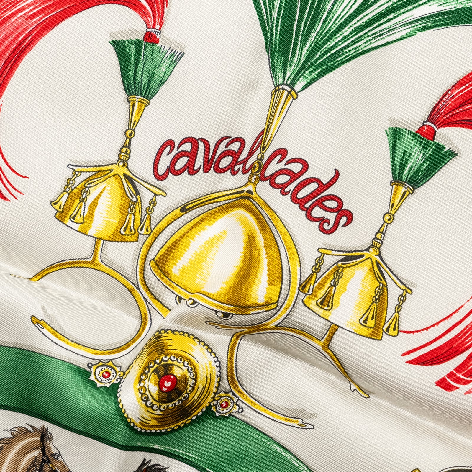 Hermes Carre 90 Cavalcades Scarf Silk Caramel Rouge Vert New