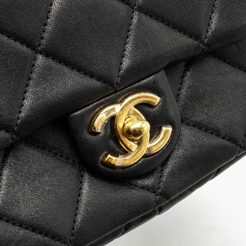 Chanel 23c Round Handle Mini Square Flap Bag Lambskin Black GHW (microchip)