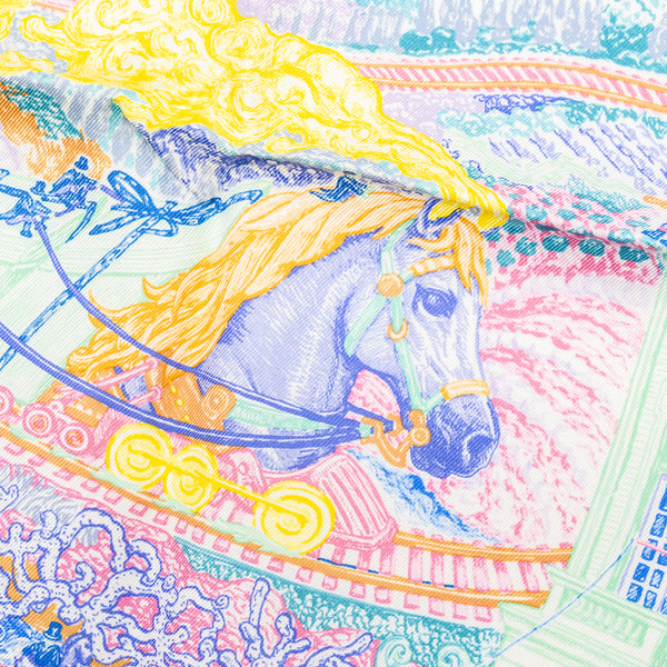 Hermes 90x90 cm Silk Scarf Les Folies Ju Faubour Rose/Bleu/Vert