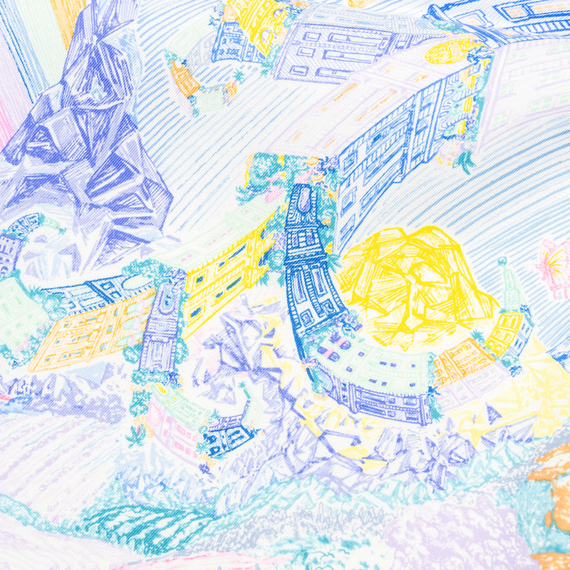 Hermes 90x90 cm Silk Scarf Les Folies Ju Faubour Rose/Bleu/Vert