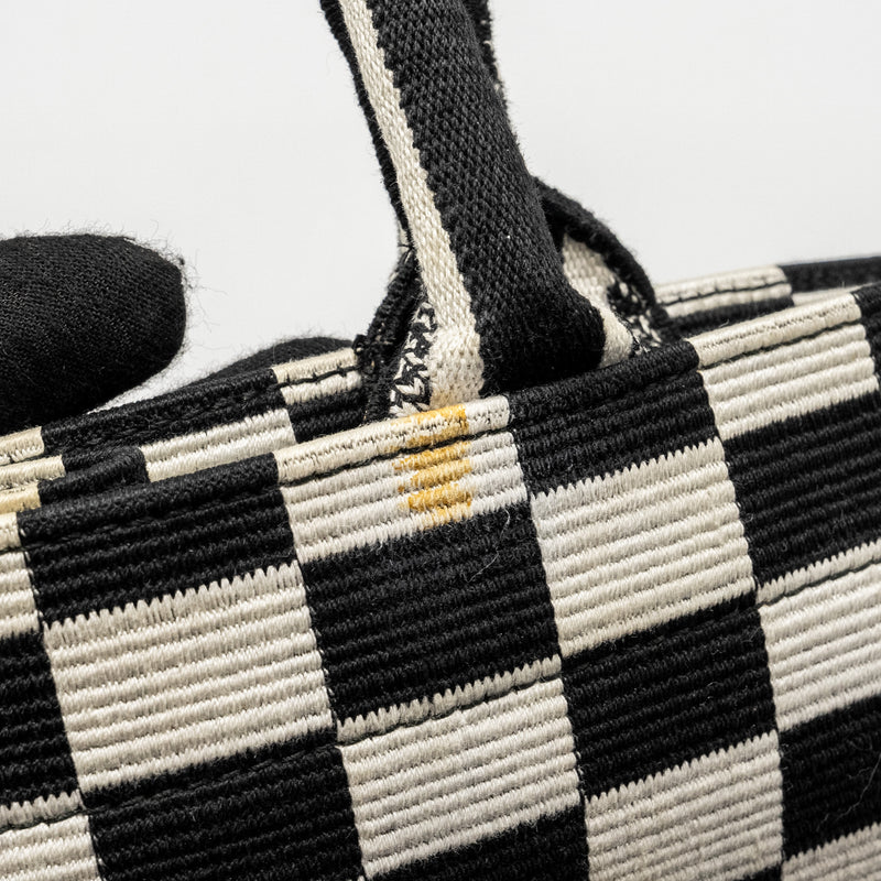 Dior Large Book Tote White Checkered Embroidered Canvas Black / White