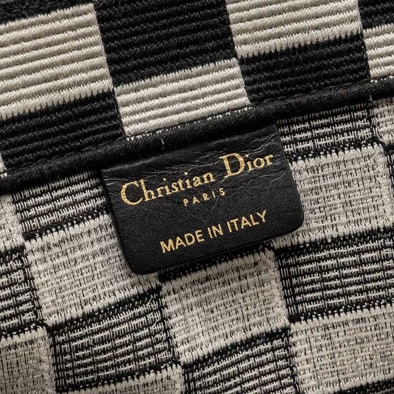 Dior Large Book Tote White Checkered Embroidered Canvas Black / White