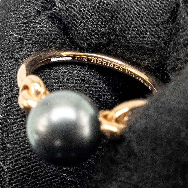 Hermes Size 51 Albertine Chain D’Ancre Ring 18k Rose Gold/ Diamonds/ Tahitian Black Pearl