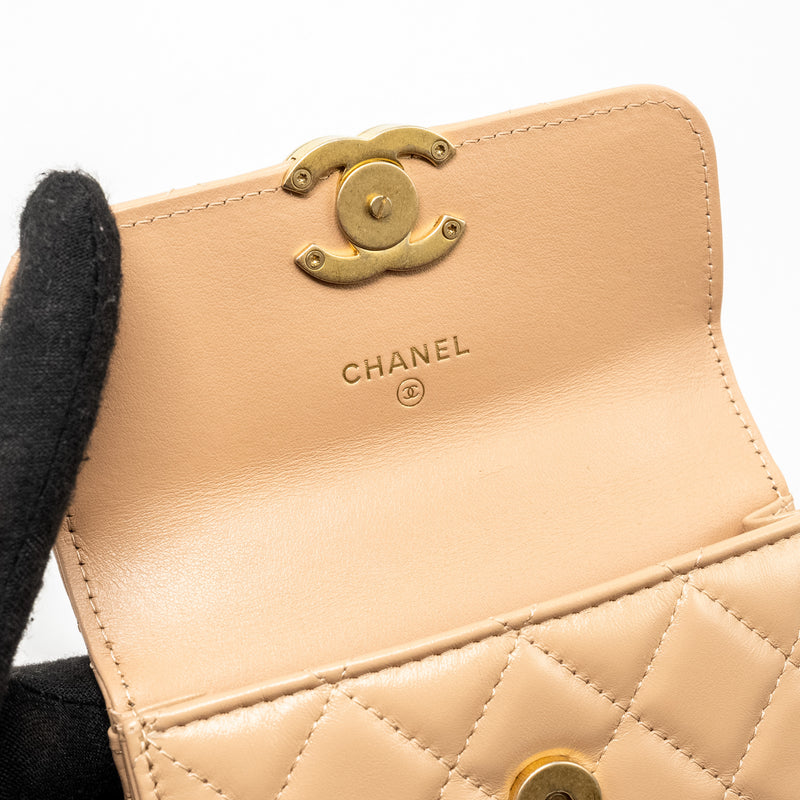 Chanel 21A Gold Crush Mini Flap Clutch with Adjustable Chain Calfskin Beige GHW