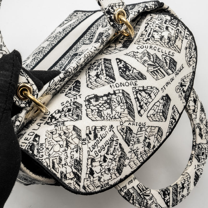 Dior Medium Lady D-lite Bag Plan De Paris Embroidery Canvas Black/White LGHW