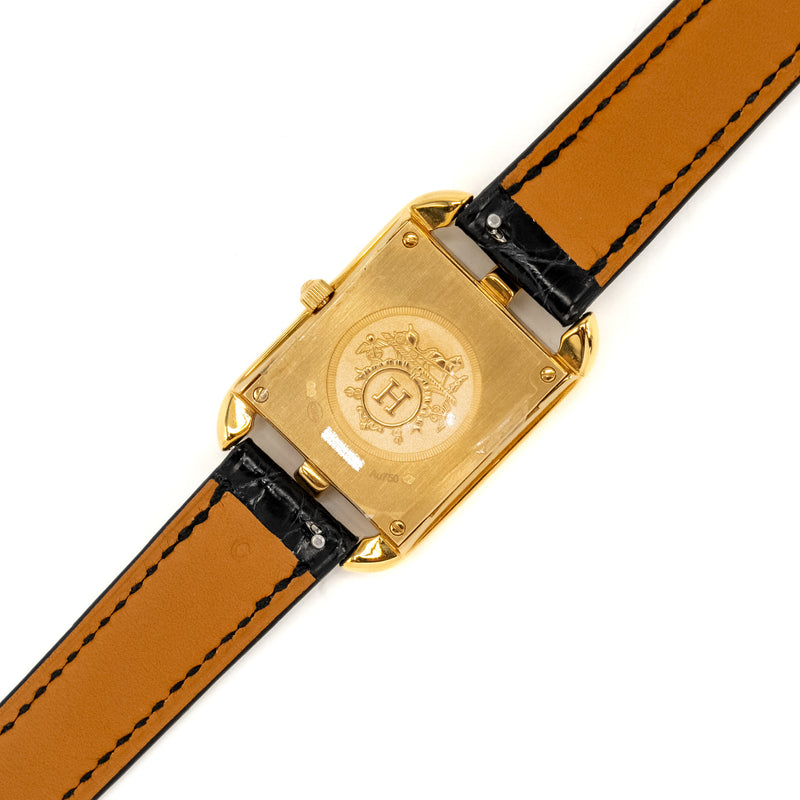 Hermes Cape Cod Watch Small Model 31mm Yellow Gold Mother of Pearl Dial Alligator Strap Black with Diamonds