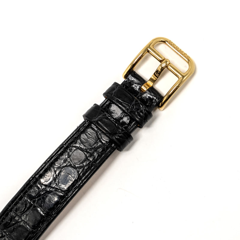 Hermes Cape Cod Watch Small Model 31mm Yellow Gold Mother of Pearl Dial Alligator Strap Black with Diamonds