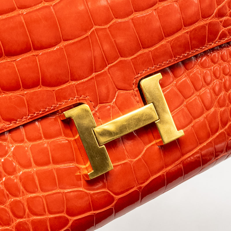 Hermes Constance Long Wallet Shiny Alligator Mississippiensis Orange Poppy GHW Stamp X