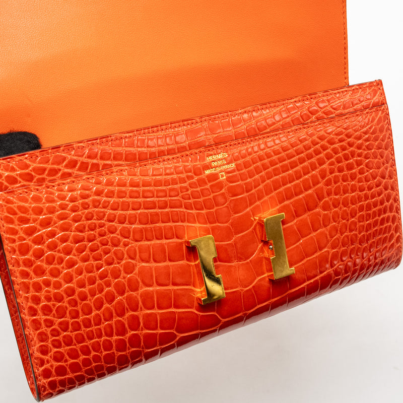 Hermes Constance Long Wallet Shiny Alligator Mississippiensis Orange Poppy GHW Stamp X