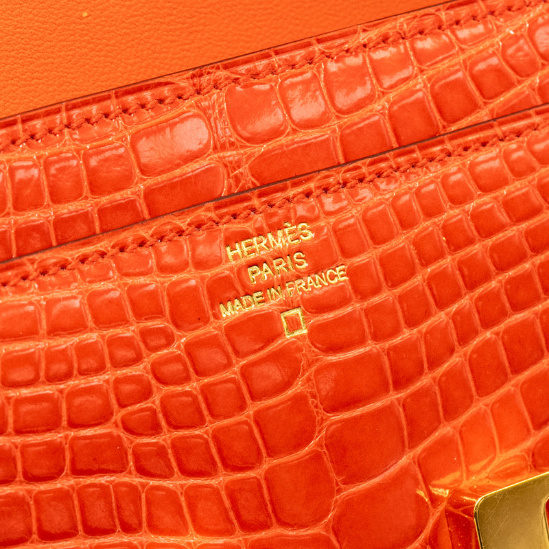 Hermes Constance Long Wallet Shiny Alligator Mississippiensis Orange Poppy GHW Stamp X