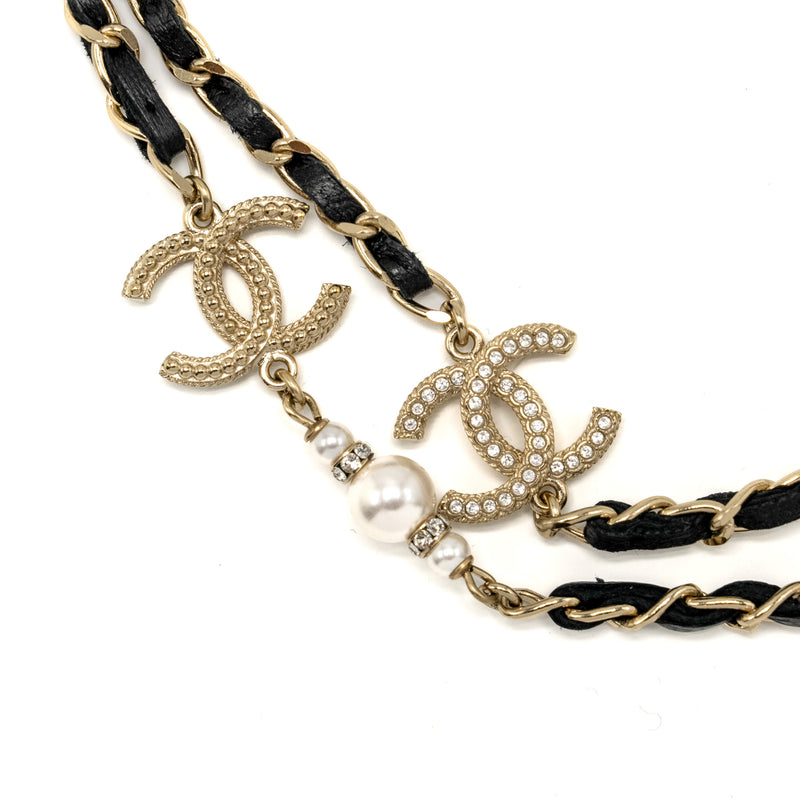 Chanel Leather Chain/CC Logo/Crystal Long Necklace Light Gold Tone