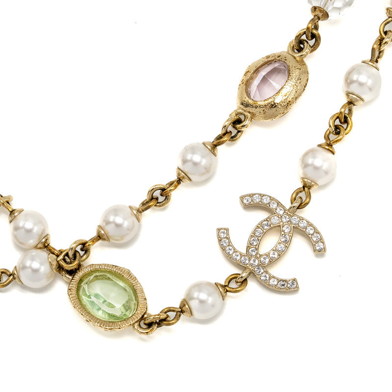 Chanel CC Logo/Pearl/Crystal Long Necklace Light Gold Tone