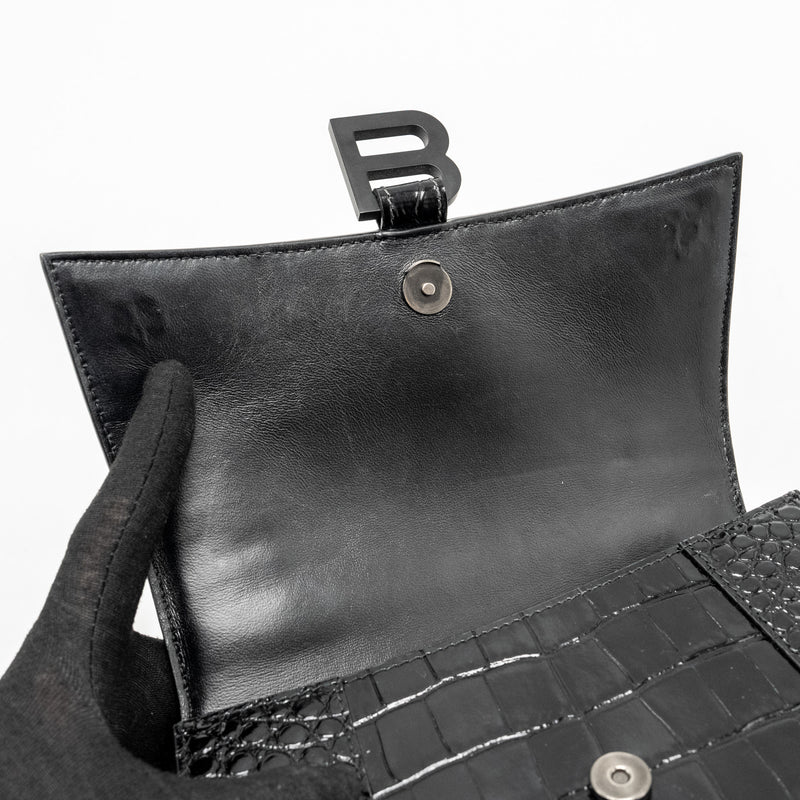 Balenciaga Hourglass S Croc-Embossed Calfskin So Black
