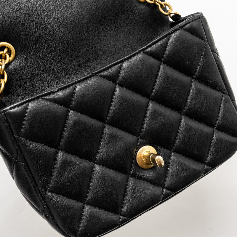 Chanel Quilted Flap Bag with Heart Charm Chain Lambskin Black GHW (Microchip)