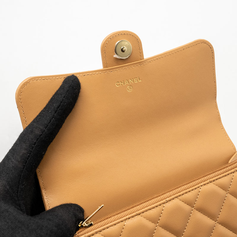 Chanel Top Handle Mini Flap Bag Lambskin Caramel LGHW (Microchip)