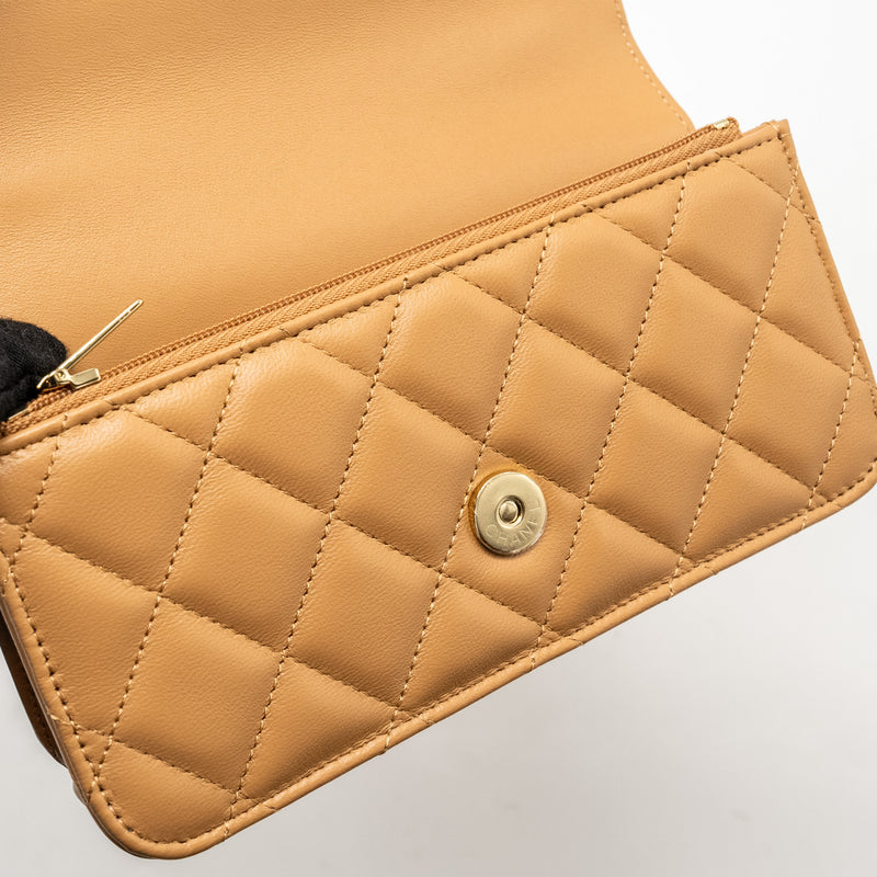 Chanel Top Handle Mini Flap Bag Lambskin Caramel LGHW (Microchip)