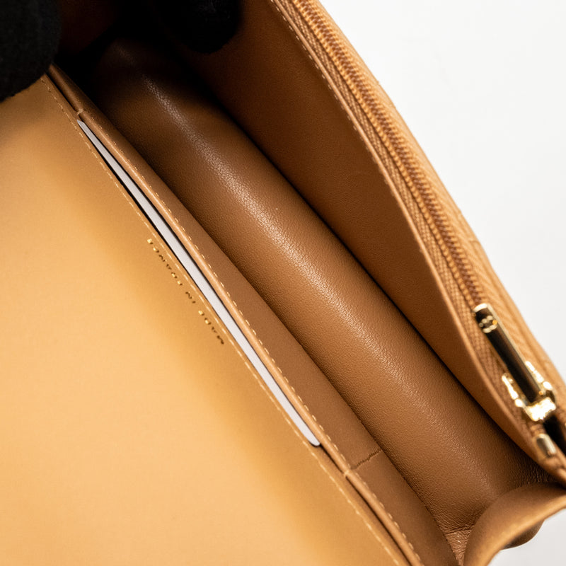 Chanel Top Handle Mini Flap Bag Lambskin Caramel LGHW (Microchip)