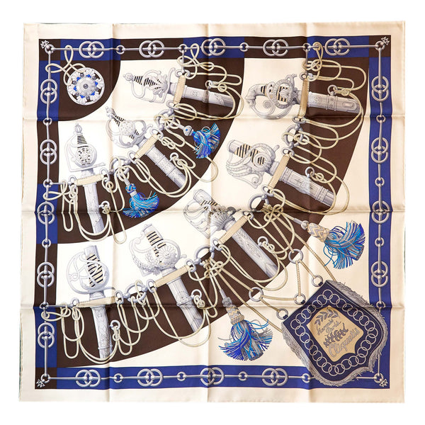 Hermes 90x90CM Silk Scarf Cliquetis Blanc/Marine/Ebene