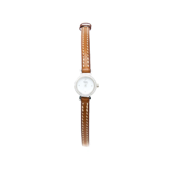 Hermes Faubourg Watch Mini Model 15mm White Gold with Diamonds Barenia Calfskin Strap
