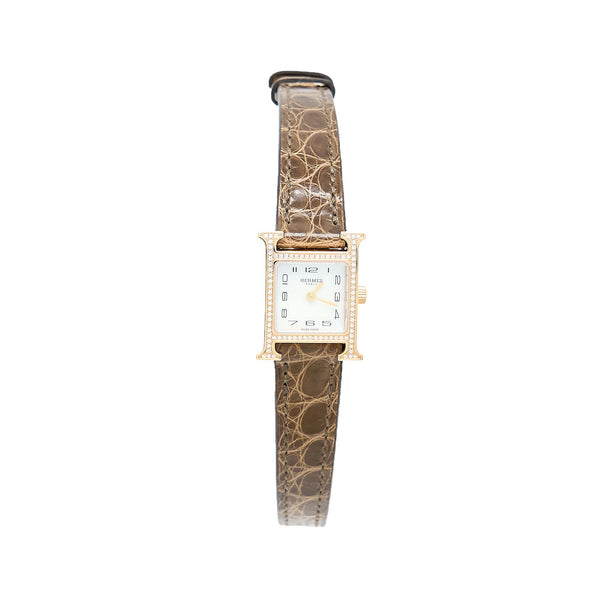 Hermes Heure H watch, Mini model, 21 MM Rose Gold with Diamonds, Alligator Strap Gris Elephant Grey