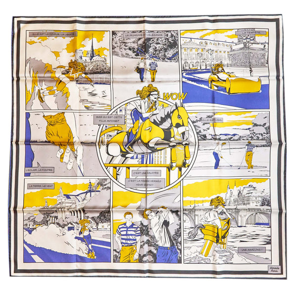 Hermes 90cm Silk Scarf Wow Double Face Blanc/Blue/Gold
