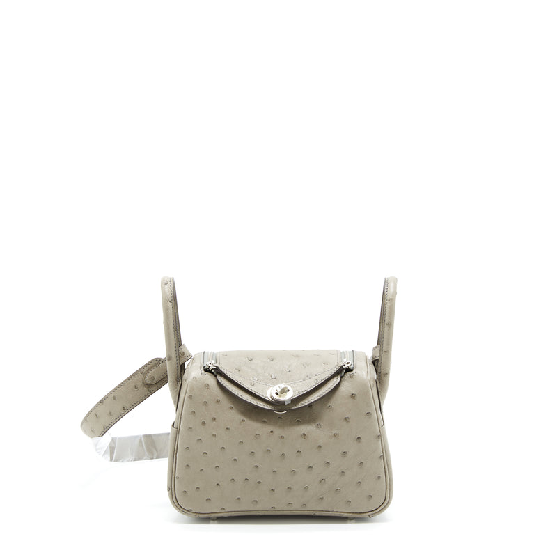 Hermes Mini Lindy Ostrich 81 Gris Tourterelle SHW Stamp U