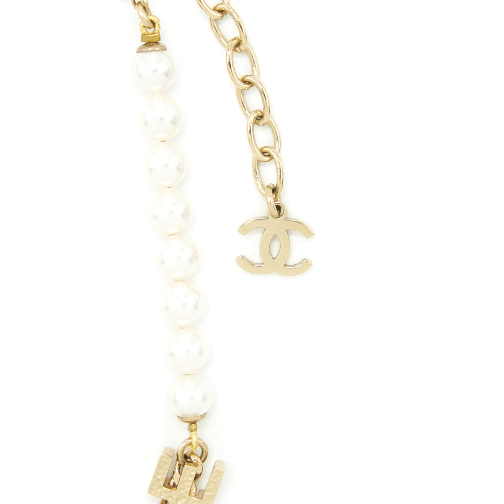Chanel Letter And Pearl Choker Light Gold Tone