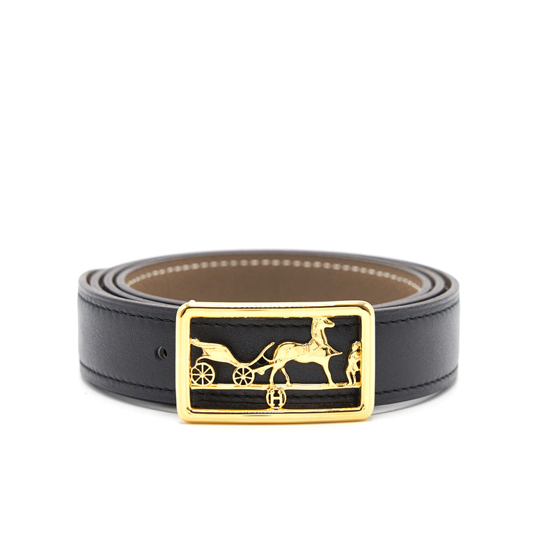 Hermes Caleche Belt Buckle & Reversible Leather Belt Black/ Etoupe 80cm