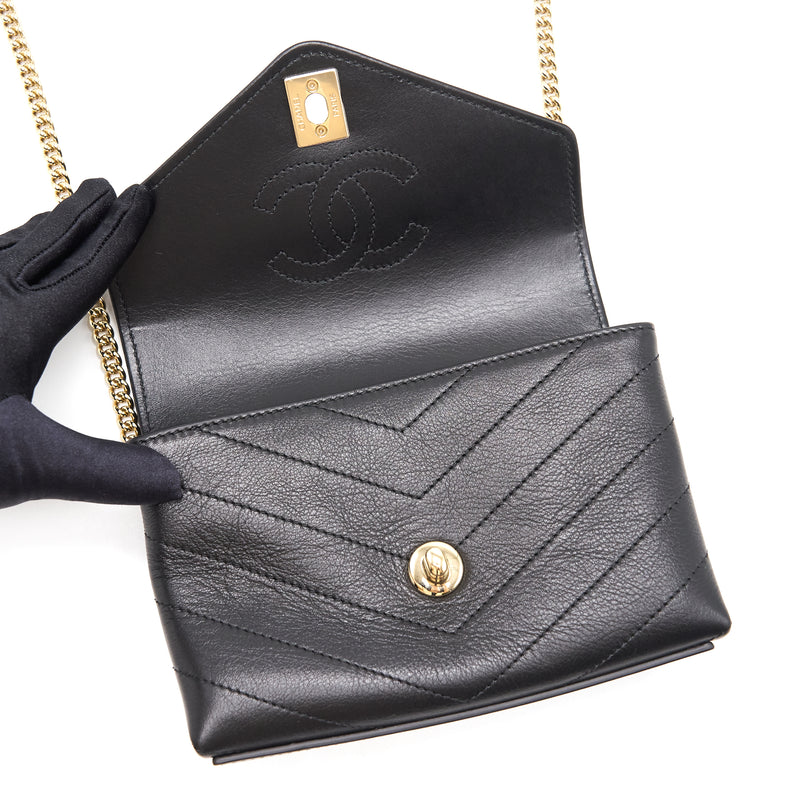 Chanel Calfskin Chevron Leather Chain Waist Bag Black GHW