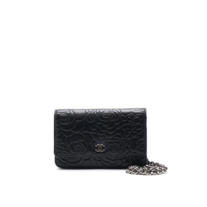 Chanel Black Embossed Camellia Lambskin Leather Small Shoulder Bag