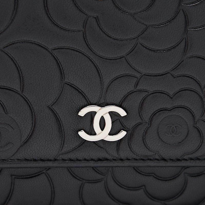 Chanel Black Embossed Camellia  Lambskin Leather Small Shoulder Bag - EMIER