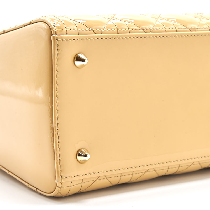 Dior Beige Patent Leather Medium Lady Dior Tote Bag - EMIER