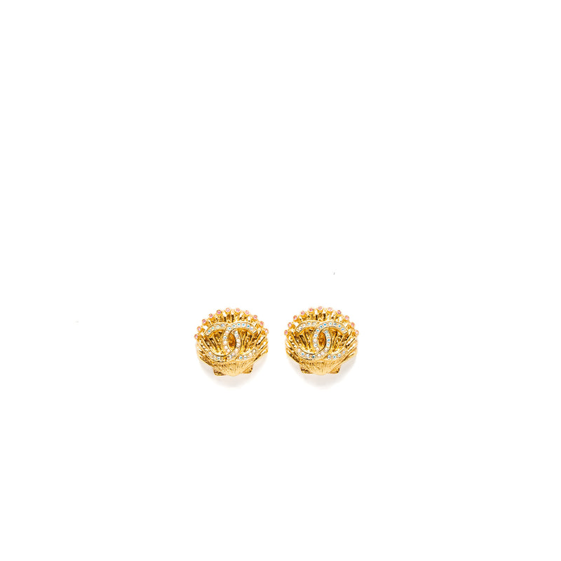 Chanel Shell CC Logo Earrings Crystal Gold Tone