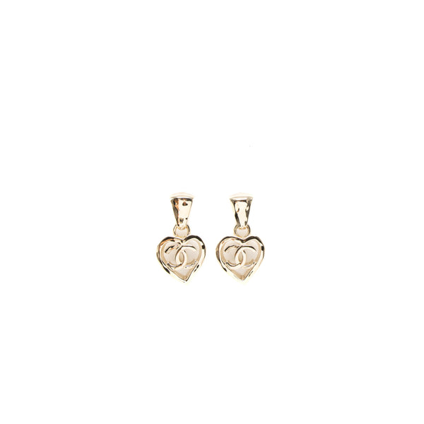 Chanel CC Heart Drop Earrings Light Gold Tone