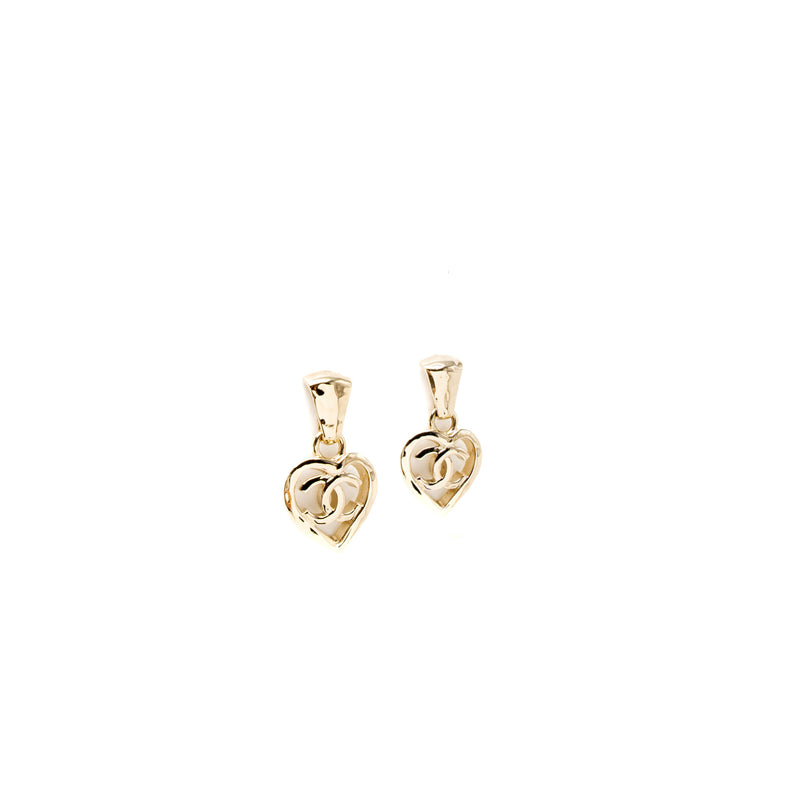 Chanel CC Heart Drop Earrings Light Gold Tone