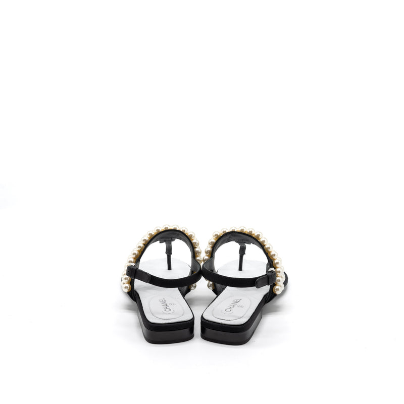 Chanel 22B Size 36 Flip Flops Sandals Pearl Leather/Fabric Black SHW