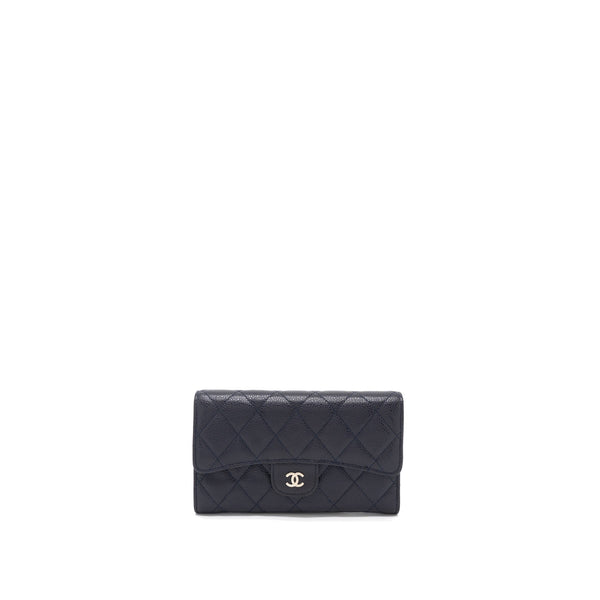 Chanel Classic Quilted Flap Long Wallet Caviar Dark Blue SHW