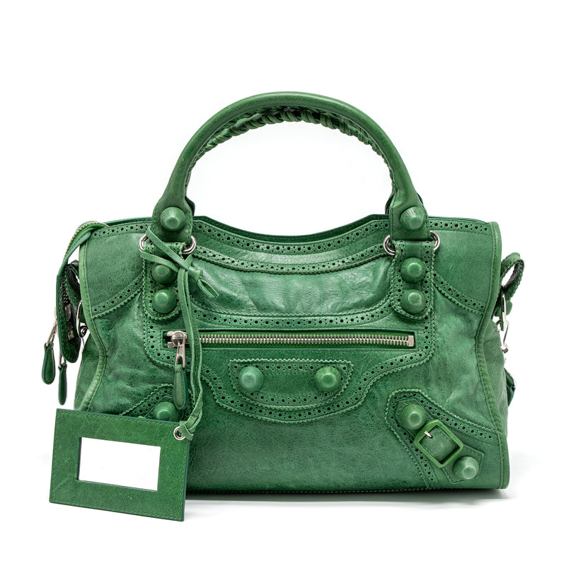 chokerende Træts webspindel overalt Balenciaga Lace City Bag Leather Green SHW