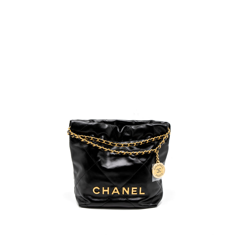 Chanel 22 Handbag Mini 23S Shiny Crumpled Calfskin Black with Pearl Chain