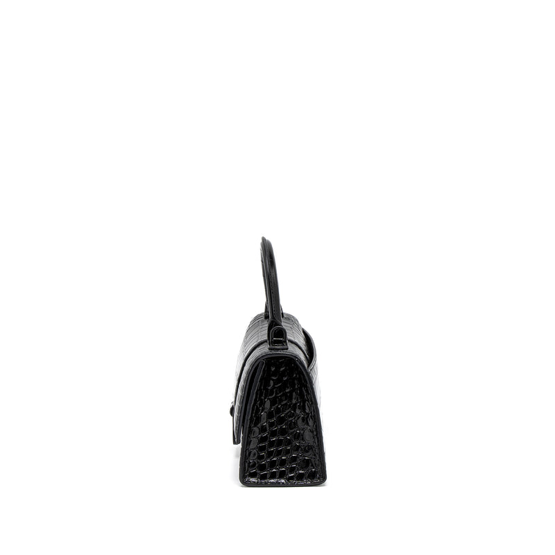 Balenciaga Hourglass XS Croc-Embossed Calfskin So Black