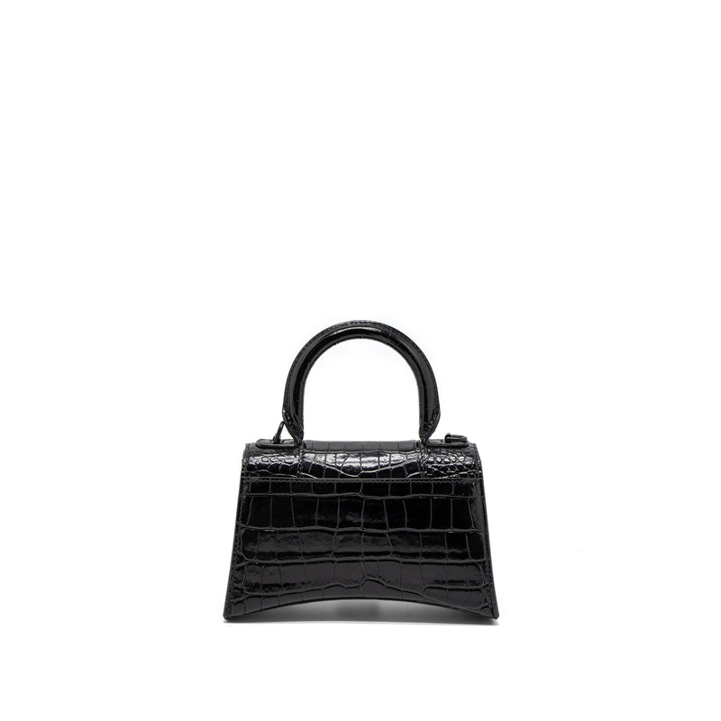 Balenciaga Hourglass XS Croc-Embossed Calfskin So Black