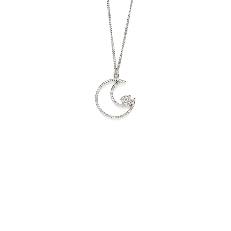 Chanel 17K Moon with CC Logo Necklace Crystal Silver Tone