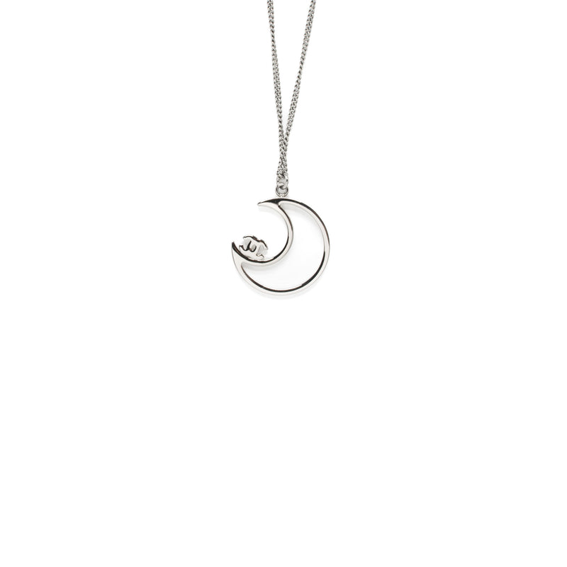 Chanel 17K Moon with CC Logo Necklace Crystal Silver Tone