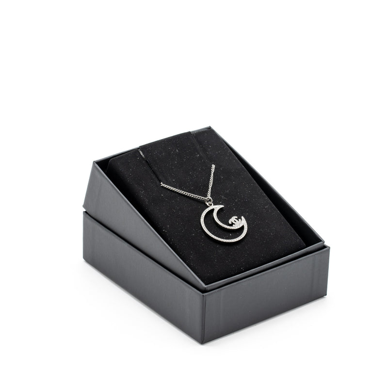 Chanel 17K Moon with CC Logo Necklace Crystal Silver Tone