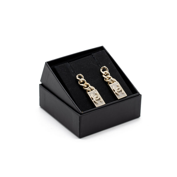 Chanel CC Logo Drop Earrings Crystal Gold Tone