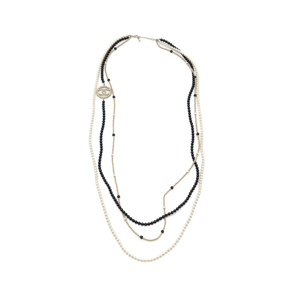 Chanel Round CC Logo Long Necklace with Pearl/Glass Pearl Light Gold Tone