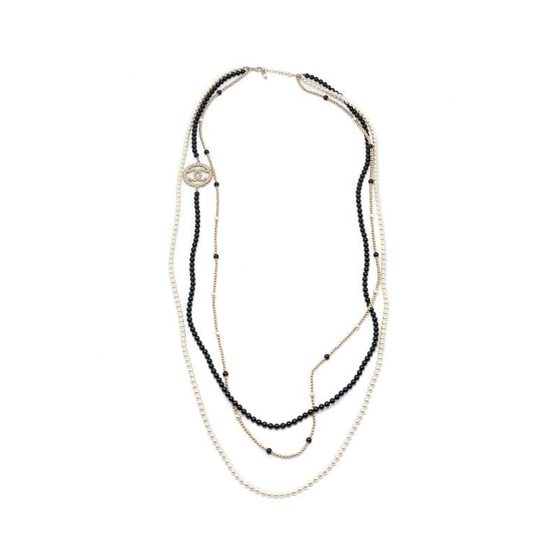 Chanel Round CC Logo Long Necklace with Pearl/Glass Pearl Light Gold Tone