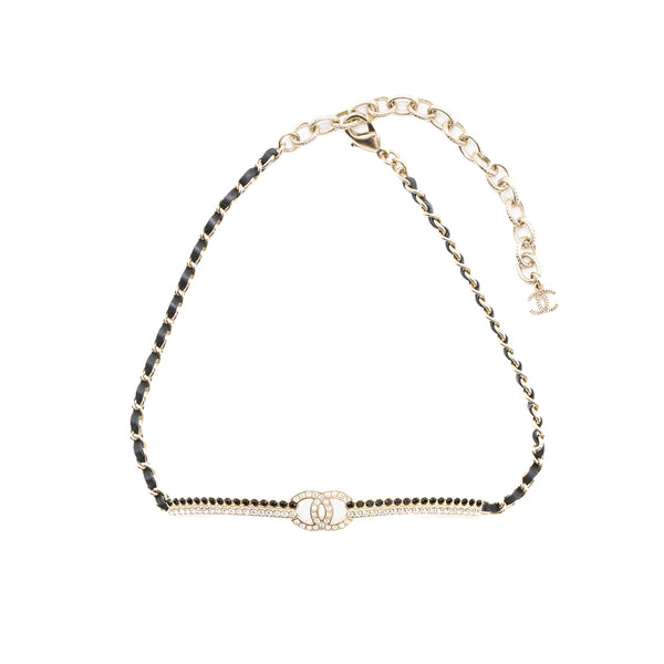 Chanel CC Logo Chocker Leather Chain Crystal Light Gold Tone